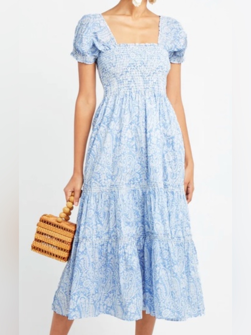 o.p.t. Square Neck Smocked Maxi Dress Blue Paisley Print Cotton Puff Sleeve XS - Picture 2 of 11